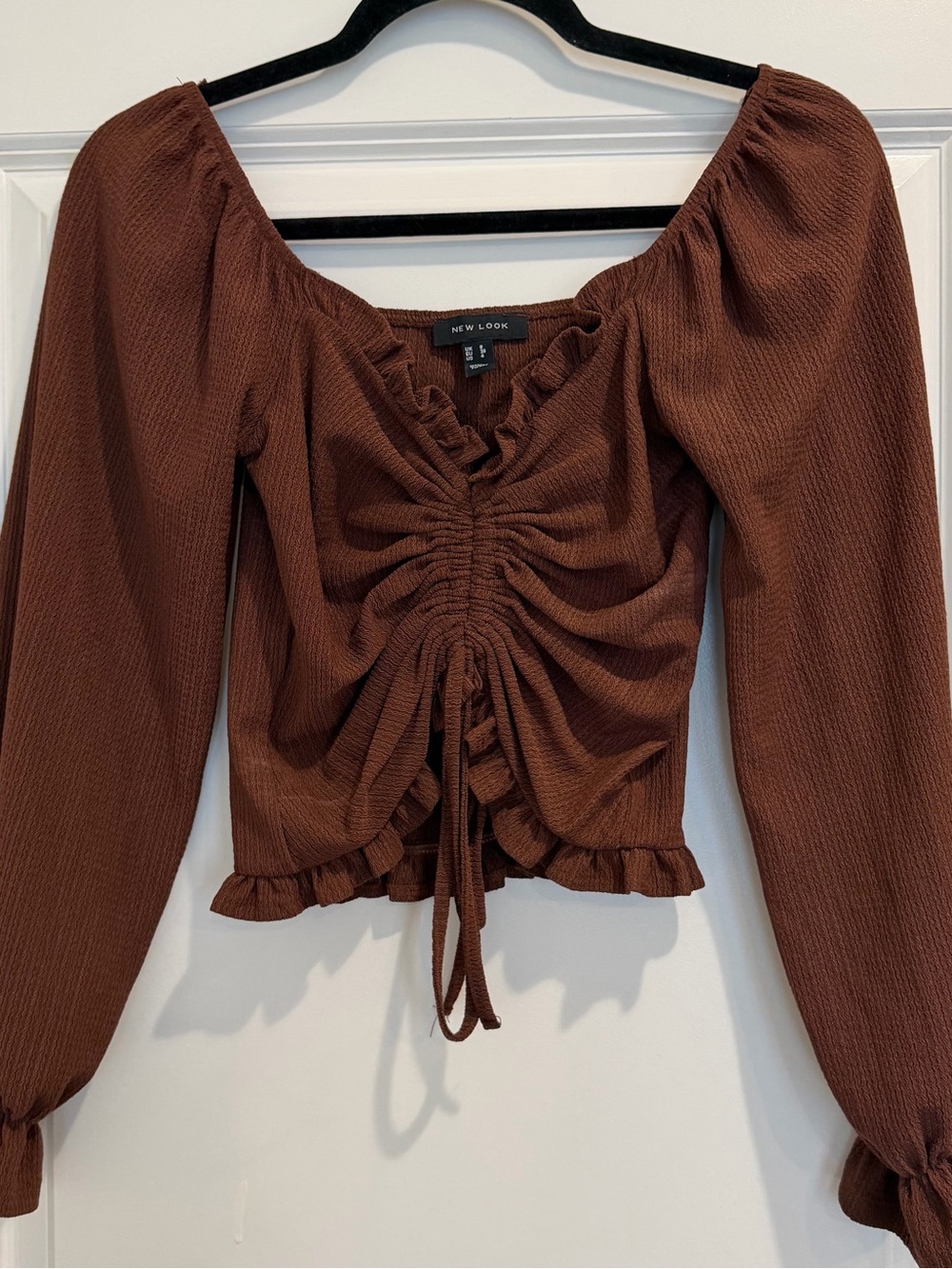 SIZE 4 or S | New Look Chocolate Brown Ruched Square-Neck Long Sleeve Top